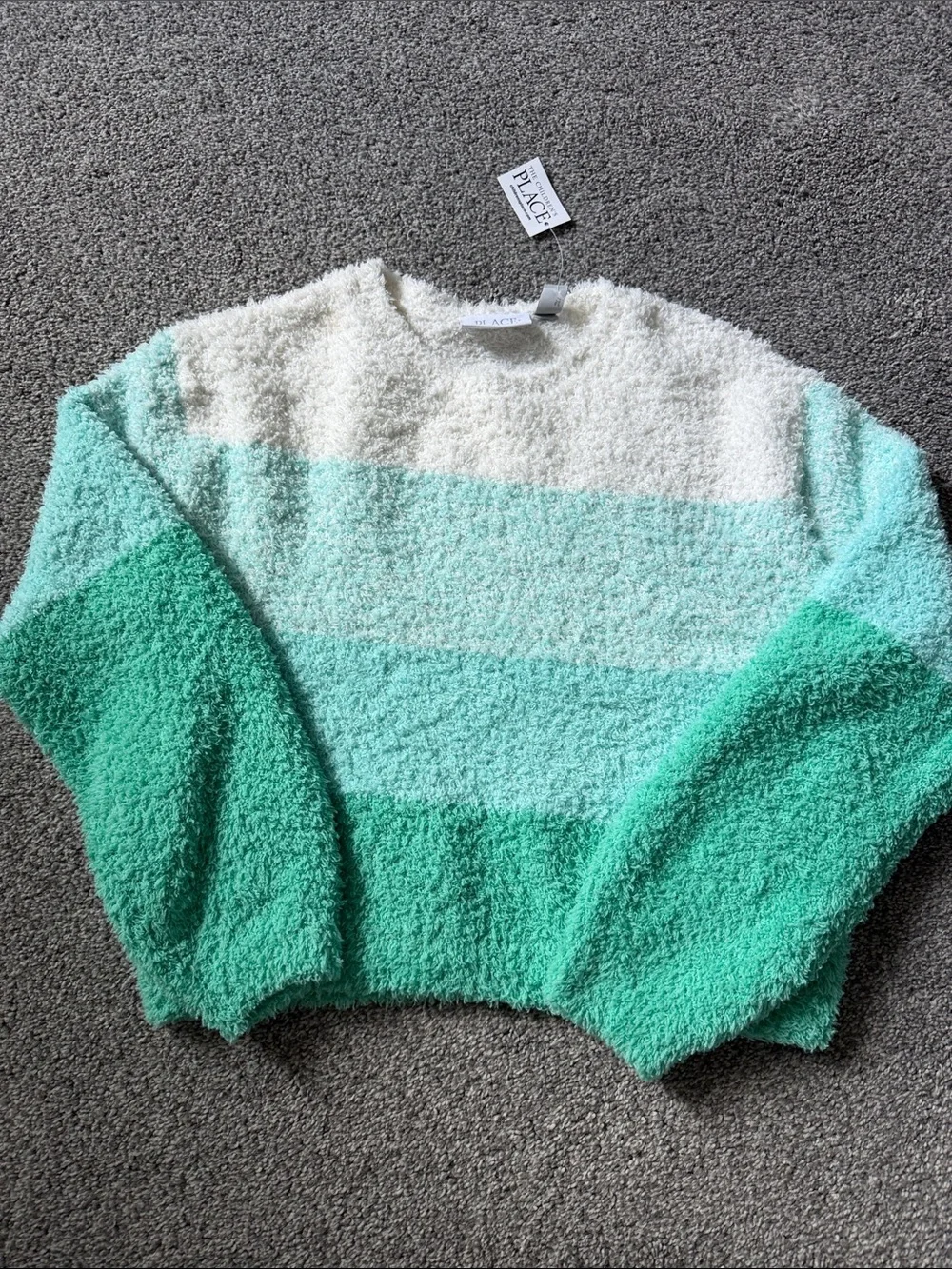 The Children's Place Fuzzy Striped Crewneck Sweater - Cream & Mint Green
